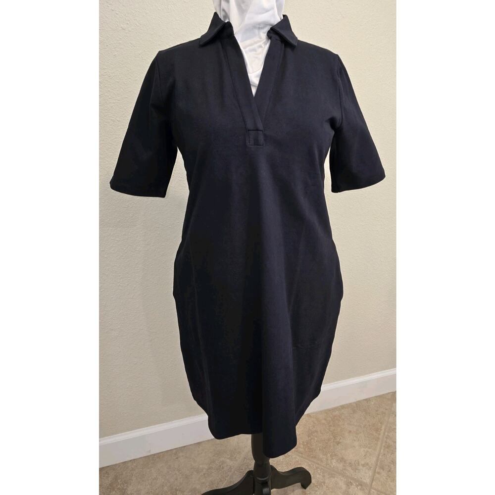 Lands' End Navy Knit Polo Dress M/P 10-12 Cotton Blend Short Sleeve Pockets